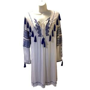 Neiman Marcus White Gauze Blue Embroidery Tassel Boho Beach Cover Up Dress S